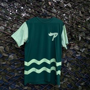 Green Pink Dolphin Varsity Shirt with Nylon Sleeves and Embroidered Sailboat